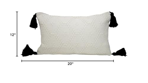 Fennco Styles Ivory Boho Tribal Textured with Tassels Filled Throw Pillow 12" W X 20" L - Woven Diamond Accent Pillow for Home, Couch, Bedroom, and Office Decor