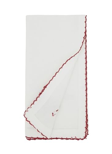 Fennco Styles Embroidered Holiday Wreath Whip Stitch Cloth Napkins 18" W x 18" L, Set of 4 - White Cotton Dinner Napkins for Winter Festivals, Christmas, Banquets, and Special Events