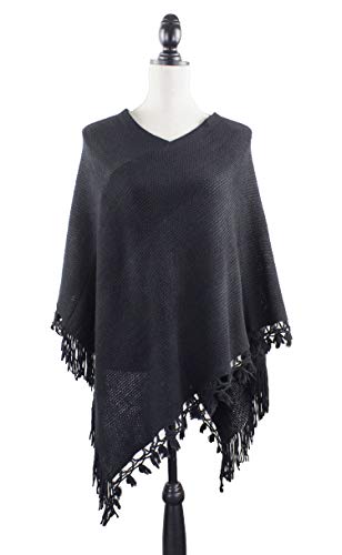 stylesilove Women Color Block Fringe Tassel Poncho Sweater Pullover Cardigan Wrap Topper for Warm Seasons