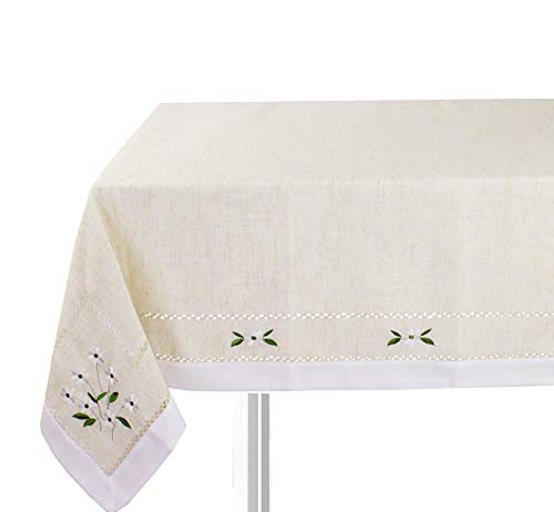 Fennco Styles Farmhouse Embroidered Daisy Hemstitched Tablecloth - Natural 55 x 55 Inch Table Cover for Banquets, Holiday, Special Events and Home Décor