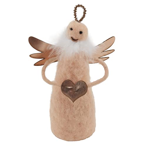 Fennco Styles Handmade Wool Blend Beige Angel with Heart Figurine Ornament 4" H - Creative Christmas Ornament for Christmas Tree Décor, Holiday, Home, Tabletop and Kids Room Decorations