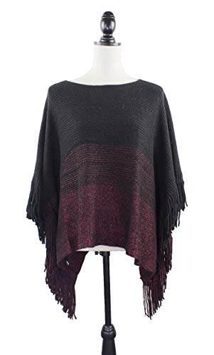 stylesilove Womens Knit Two Tone Batwing Fringe Poncho Cardigan Pullover Cozy Sweater Wrap Jacket