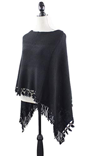 stylesilove Women Color Block Fringe Tassel Poncho Sweater Pullover Cardigan Wrap Topper for Warm Seasons