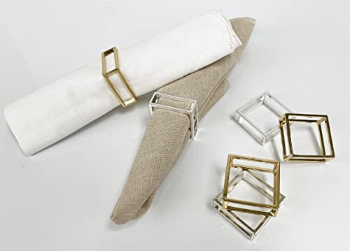 Fennco Styles Square Metal Frame Napkin Rings, Set of 4 - Gold Minimalist Bangle Napkin Holders for Home, Dining Room, Banquets, Family Gatherings, Holidays and Special Occasions