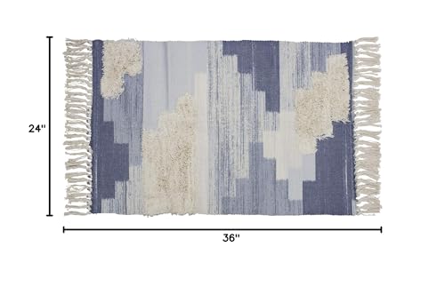 Fennco Styles Ivory Blue Geometric Print Woven Rug Tassel Area Rug for Home Décor, Bedroom, Entryway Mat, Floor Décor