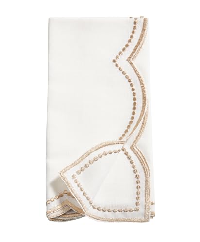 Fennco Styles Embroidered Polka Dot Scallop Border Cloth Napkins 20" W x 20" L, Set of 4 - Silver Elegant Dinner Napkins for Everyday Use, Holidays, Christmas, and Weddings