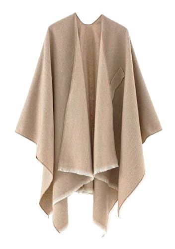 stylesilove Women Elegant Solid Color Fringe Poncho Open Front Shawl Cape Ultra Warm Wrap for Autumn Winter Season