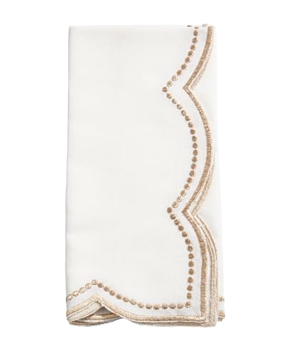 Fennco Styles Embroidered Polka Dot Scallop Border Cloth Napkins 20" W x 20" L, Set of 4 - Silver Elegant Dinner Napkins for Everyday Use, Holidays, Christmas, and Weddings