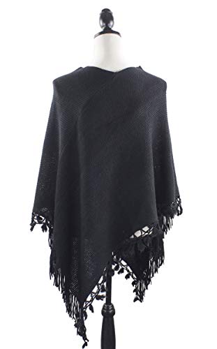 stylesilove Women Color Block Fringe Tassel Poncho Sweater Pullover Cardigan Wrap Topper for Warm Seasons