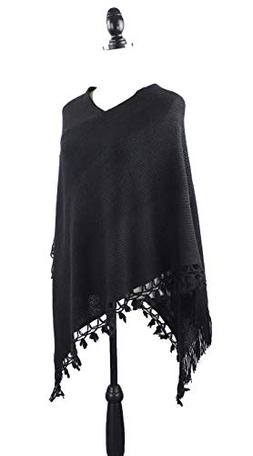 stylesilove Women Color Block Fringe Tassel Poncho Sweater Pullover Cardigan Wrap Topper for Warm Seasons