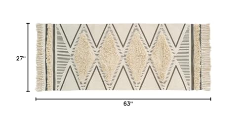 Fennco Styles Ivory Black Chevron Diamond Print Woven Tassel Area Rug - 27" W x 63" L Hand-Tufted Fringe Small Rug for Home Décor, Bedroom, Entryway Mat, Floor Décor