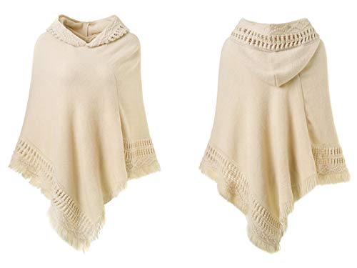 stylesilove Women Solid Knitted Hooded Poncho Crochet Pattern with Fringe Pullover Cardigan Soft Wrap for Fall Winter Seasons