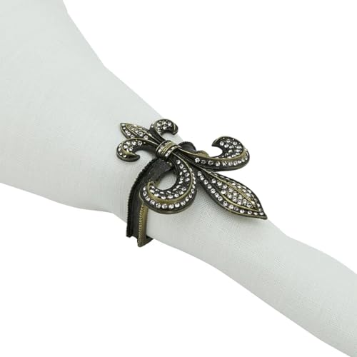 Fennco Styles Bejeweled Fleur De Lis Metal Napkin Rings, Set of 4 - Black Napkin Holders for Home Decor, Dining Table, Banquets, Family Gathering and Special Occasions