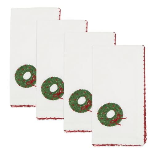 Fennco Styles Embroidered Holiday Wreath Whip Stitch Cloth Napkins 18" W x 18" L, Set of 4 - White Cotton Dinner Napkins for Winter Festivals, Christmas, Banquets, and Special Events