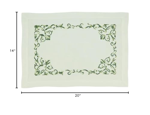 Fennco Styles Embroidered Floral Scroll Placemats 14" W x 20" L, Set of 4 - Green Botanical Design Table Mats for Home, Holiday Décor, Family Gatherings, Banquets, Special Events