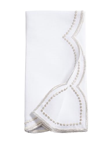 Fennco Styles Embroidered Polka Dot Scallop Border Cloth Napkins 20" W x 20" L, Set of 4 - Silver Elegant Dinner Napkins for Everyday Use, Holidays, Christmas, and Weddings