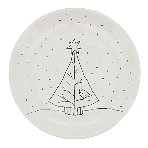 Fennco Styles Cartoon Christmas Tree Holiday Salad Plates 8" Round, Set of 4 - White Dolomite Serving Plate for Home, Christmas Décor, Kitchen, Family Gathering and Special Occasion