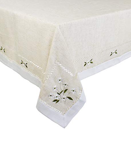 Fennco Styles Farmhouse Embroidered Daisy Hemstitched Tablecloth - Natural 55 x 55 Inch Table Cover for Banquets, Holiday, Special Events and Home Décor
