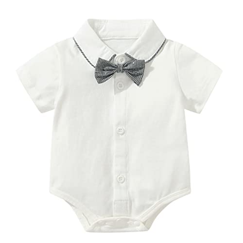 stylesilove Baby Boys Short Sleeve Collared Bodysuit and Suspender Shorts, Bowtie 3pcs Gentleman Set Cotton Overalls Outfit