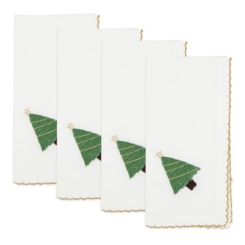 Fennco Styles Embroidered Holiday Wreath Whip Stitch Cloth Napkins 18" W x 18" L, Set of 4 - White Cotton Dinner Napkins for Winter Festivals, Christmas, Banquets, and Special Events