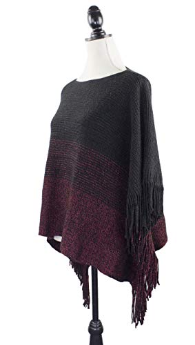 stylesilove Womens Knit Two Tone Batwing Fringe Poncho Cardigan Pullover Cozy Sweater Wrap Jacket