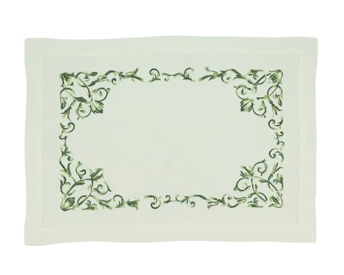 Fennco Styles Embroidered Floral Scroll Placemats 14" W x 20" L, Set of 4 - Green Botanical Design Table Mats for Home, Holiday Décor, Family Gatherings, Banquets, Special Events