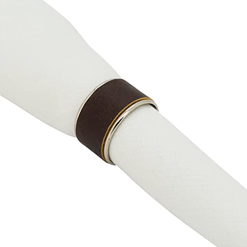 Fennco Styles Leather Brass Napkin Rings, Set of 4 - Round Napkin Holder for Everyday Use, Dining Table Décor, Banquets and Special Occasion