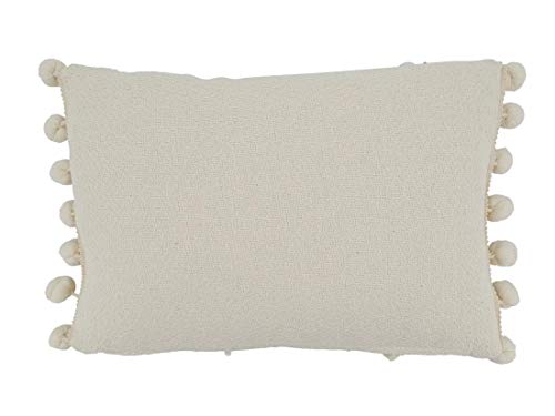 Fennco Styles Delicate Cord Pom Pom Applique Cotton Decorative Throw Pillow Cover & Insert 12 x 18 Inch - Ivory Accent Cushion for Home, Couch, Living Room and Everyday Décor