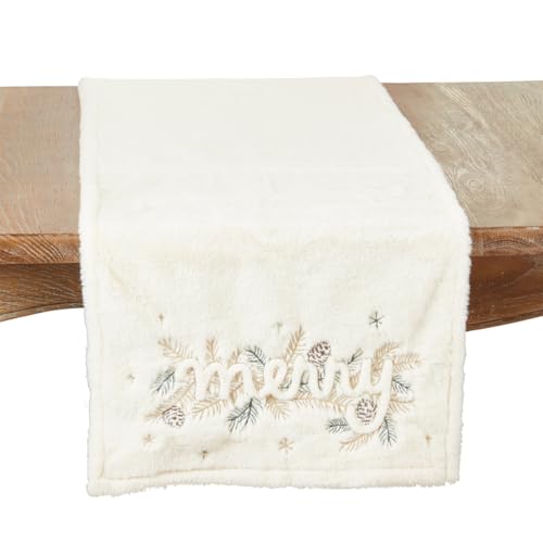 Fennco Styles Faux Fur Merry Table Runner 16" W x 72" L - White Holiday Plus Table Cover for Christmas, Winter Festivals, Banquets, Family Gatherings and Special Occasions