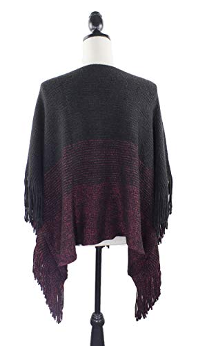 stylesilove Womens Knit Two Tone Batwing Fringe Poncho Cardigan Pullover Cozy Sweater Wrap Jacket