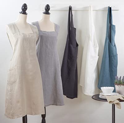 Fennco Styles Solid Criss Cross Back Apron Pure 100% Linen Cooking Kitchen Apron