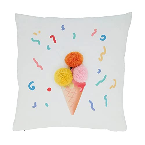 Fennco Styles Rainbow & Stars Pom Pom Decorative Filled Throw Pillow 16" W x 16" L - Multicolored Cushion for Kids Room, Playroom, Bedroom, Living Room, Nursery, Office Décor