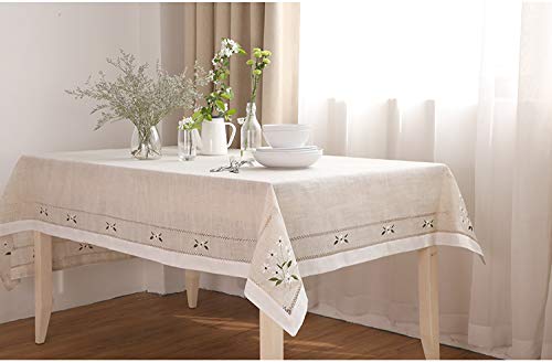 Fennco Styles Farmhouse Embroidered Daisy Hemstitched Tablecloth - Natural 55 x 55 Inch Table Cover for Banquets, Holiday, Special Events and Home Décor