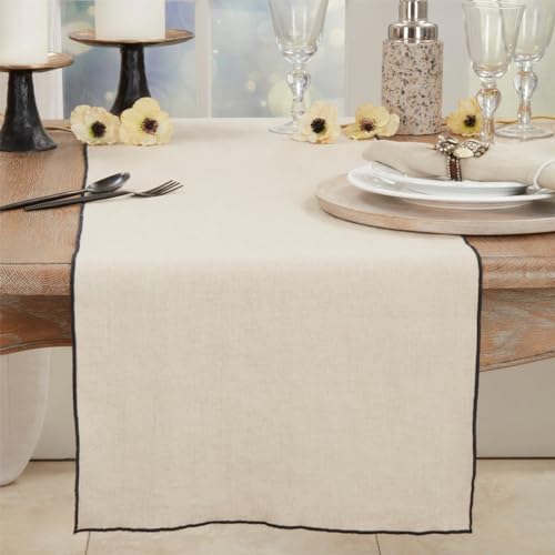Fennco Styles Stonewashed Stitch Border Table Runner 16" W x 72" L - 100% Linen Solid Color Table Cover for Home, Dining Table Décor, Holidays, Banquets, and Special Occasions