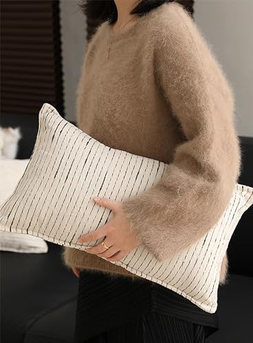 Fennco Styles Black Stripe Chenille Decorative Filled Throw Pillow - White Woven Soft Cushion for Home, Couch, Bedroom, Living Room and Office Décor