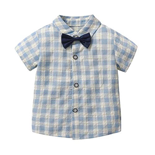 stylesilove Little Boys Short Sleeve Plaid Shirt and Suspender Bottom, Bowtie 3pcs Gentleman Suit Set Cotton Overalls Outfit