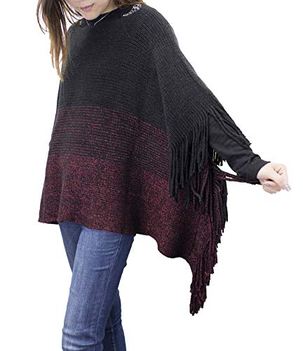 stylesilove Womens Knit Two Tone Batwing Fringe Poncho Cardigan Pullover Cozy Sweater Wrap Jacket