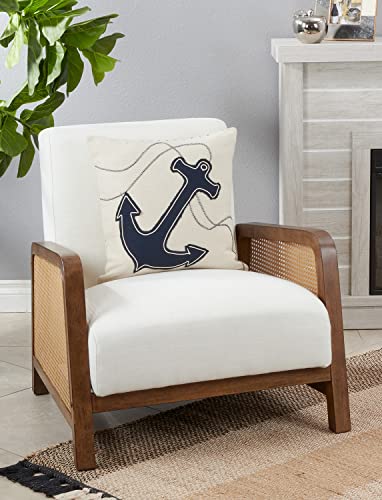 Fennco Styles Nautical Anchor & Rope Appliqué Cotton Decorative Throw Pillow Cover 18" W x 18" L – Navy Blue Coastal Cushion Case for Couch, Sofa, Bedroom, Office and Living Room Décor