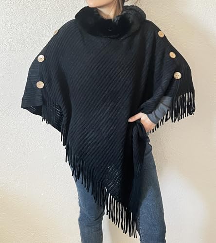 stylesilove Women Solid Knitted Faux Fur Collar Poncho with Fringe Pullover Cardigan Soft Wrap for Fall Winter Seasons