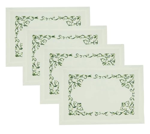 Fennco Styles Embroidered Floral Scroll Placemats 14" W x 20" L, Set of 4 - Green Botanical Design Table Mats for Home, Holiday Décor, Family Gatherings, Banquets, Special Events