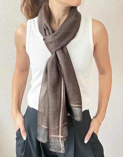 stylesilove Women Shimmering Striped Scarf Silk-like Scarves Ultra Lightweight Soft Shawl Neck Wraps