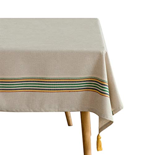 Fennco Styles Classic Striped Tassel Woven Tablecloth 55" W x 55" L - Ivory Table Cover for Banquets, Holiday, Special Events, Home, Dining Room Décor and Everyday Use