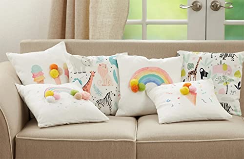 Fennco Styles Rainbow & Stars Pom Pom Decorative Filled Throw Pillow 16" W x 16" L - Multicolored Cushion for Kids Room, Playroom, Bedroom, Living Room, Nursery, Office Décor