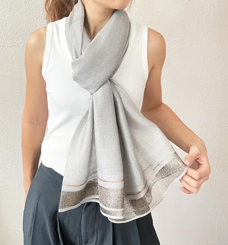 stylesilove Women Shimmering Striped Scarf Silk-like Scarves Ultra Lightweight Soft Shawl Neck Wraps
