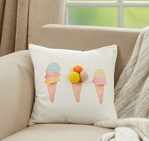Fennco Styles Rainbow & Stars Pom Pom Decorative Filled Throw Pillow 16" W x 16" L - Multicolored Cushion for Kids Room, Playroom, Bedroom, Living Room, Nursery, Office Décor