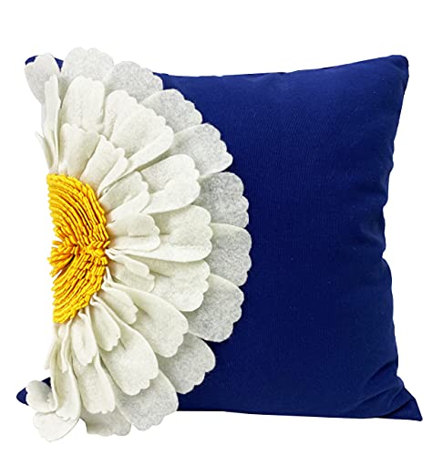 Fennco Styles Handmade 3D Felt Sunflowers Cotton Canvas Decorative Throw Pillow 18" W x 18" L - Navy Blue Floral Cushion for Couch, Bedroom and Living Room Décor