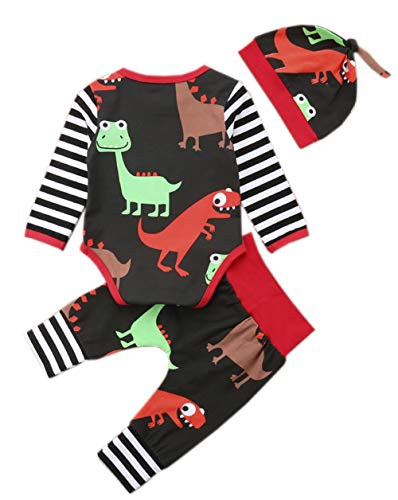 stylesilove Baby Toddler Boy Funny Colorful Dinosaur Long Sleeve Romper with Pants and Hat 3 pcs Cotton Outfits
