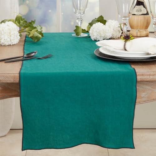 Fennco Styles Stonewashed Stitch Border Table Runner 16" W x 72" L - 100% Linen Solid Color Table Cover for Home, Dining Table Décor, Holidays, Banquets, and Special Occasions