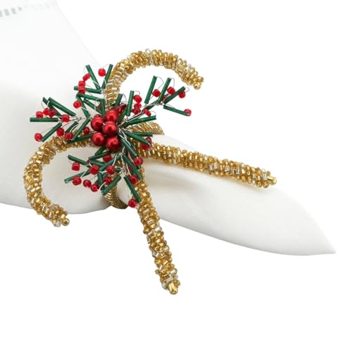 Fennco Styles Hand Beaded Holiday Candy Cane Napkin Rings, Set of 4 - Gold Glass Bead Napkin Holders for Dining Room, Banquet, Family Gathering, Christmas Décor and Special Occasion