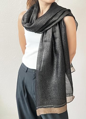 stylesilove Women Shimmering Striped Scarf Silk-like Scarves Ultra Lightweight Soft Shawl Neck Wraps